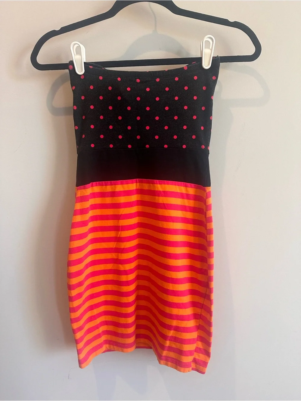 Strapless Black & Pink Polka Dot Top with Neon Pink-Orange Striped dress